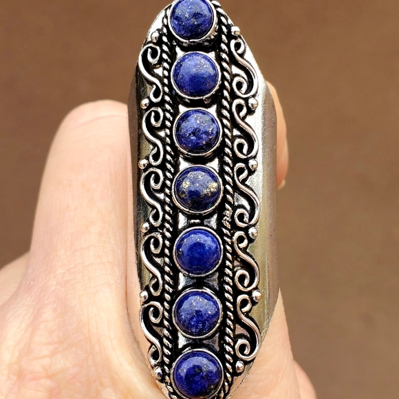 New 7 Stone Lapis Lazuli Adjustable Silver Statement Ring. - Picture 2 of 13
